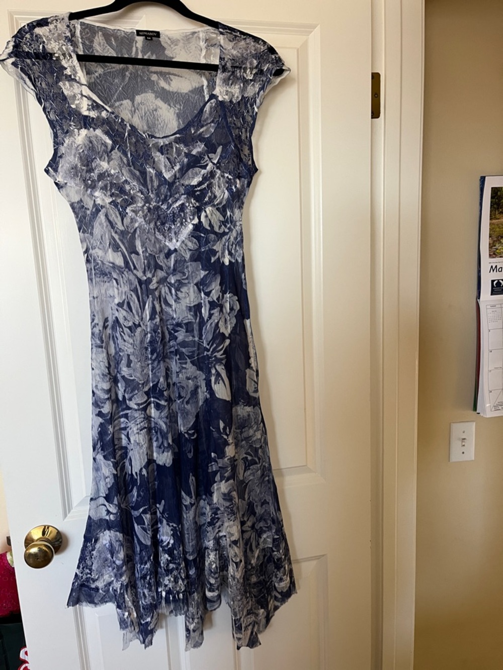 Komarov Navy and White Floral Handkerchief-Hem Midi Dress